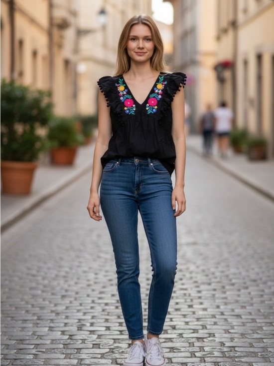 Umgee Tops - Umgee Black Embroidered Floral V-Neck Pom-Pom Sleeve Top
